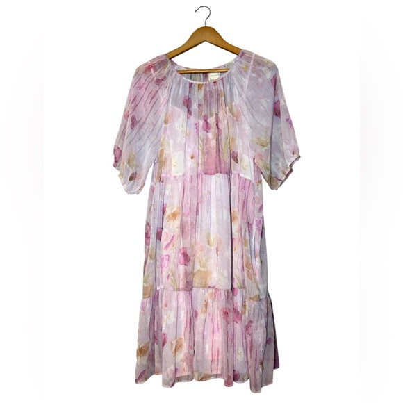 MELLODAY Dresses & Skirts - Melloday Pink Floral Tiered Mini Dress Boho Blouson Sleeve NWT Women’s M